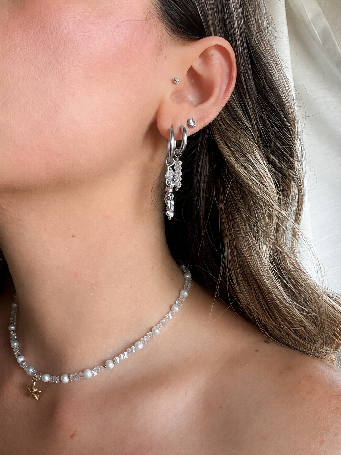 Beige Silver Seahorse Earrings