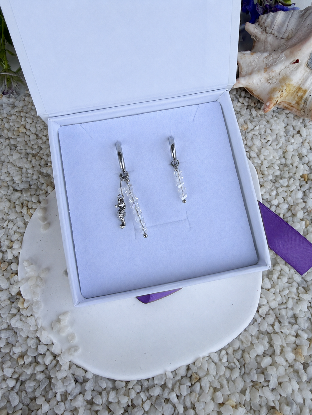 Beige Silver Seahorse Earrings