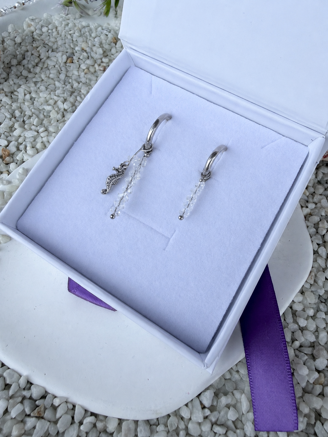 Beige Silver Seahorse Earrings
