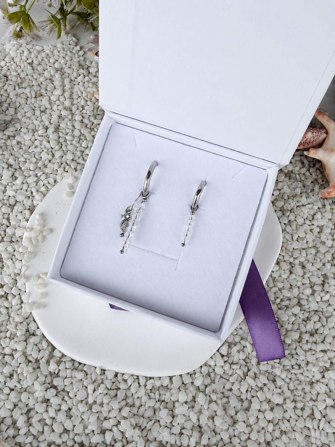 Beige Silver Seahorse Earrings