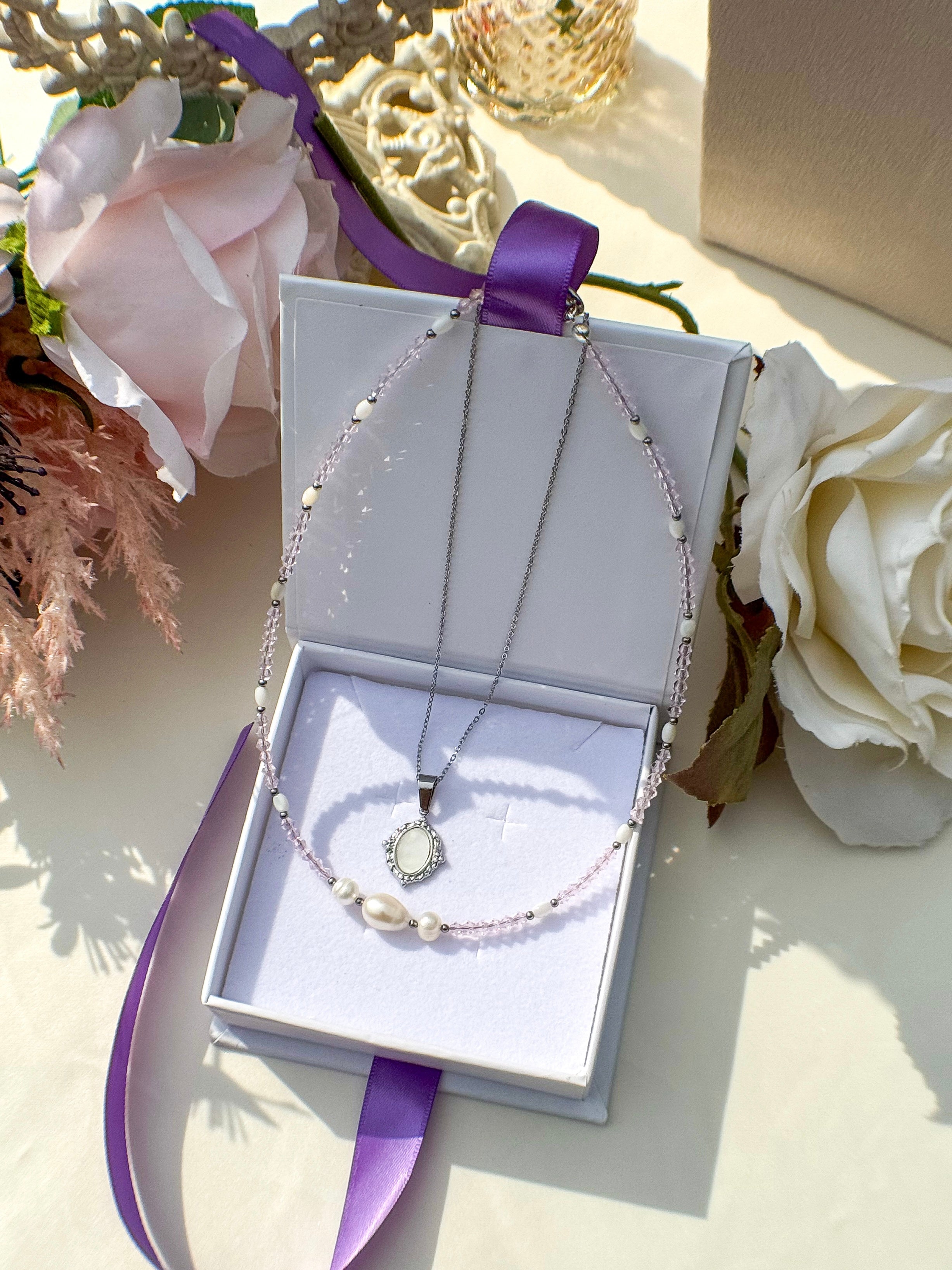 Crystal Necklace and Silver Pendant Set