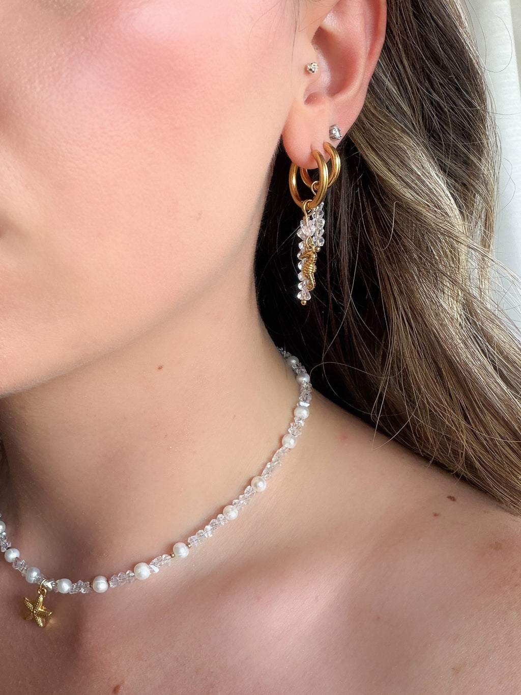 Beige Silver Seahorse Earrings