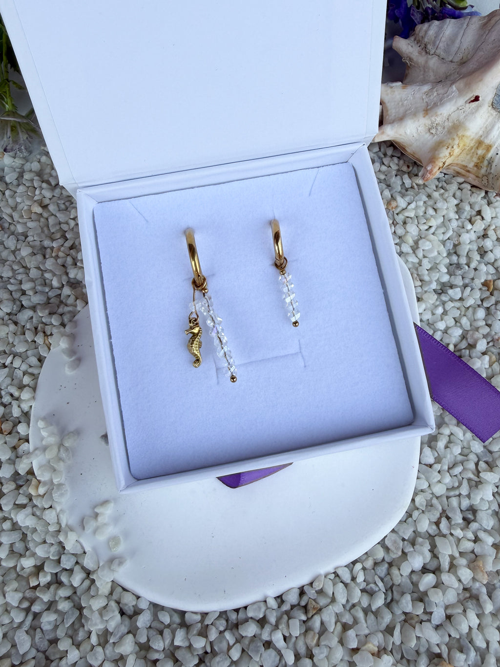 Beige Silver Seahorse Earrings